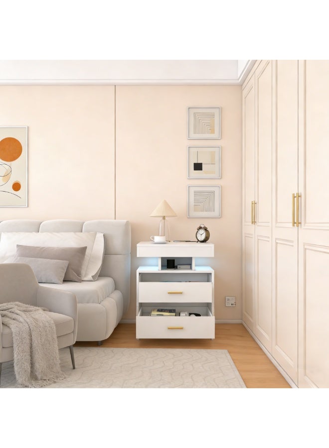 Nightstand with Wireless Charging Station, 2 Drawers Bedside Table with LED Light & USB Charging Port, Modern End Table with Storage for Bedroom, Living Room, CT060, White - Image 4